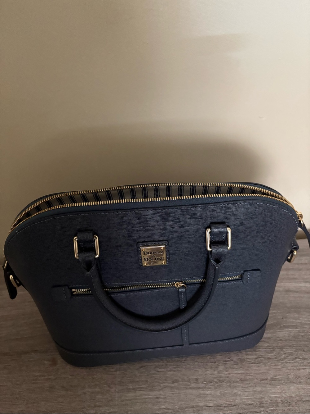 Dooney & Bourke Dark Gray Saffiano Dome Satchel with Gold Hardware